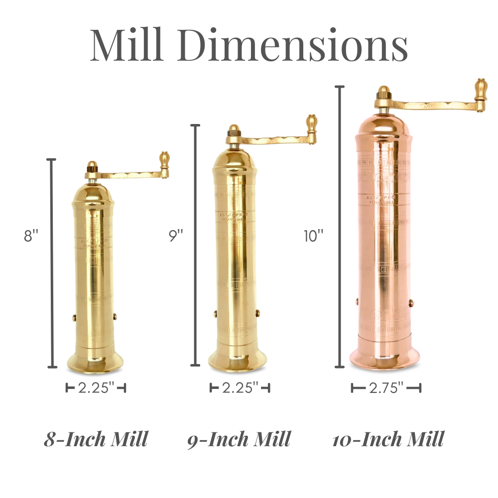 Original Greek Pepper Size Comparison Chart for 8-Inch, 9-Inch, and 10-Inch Mills